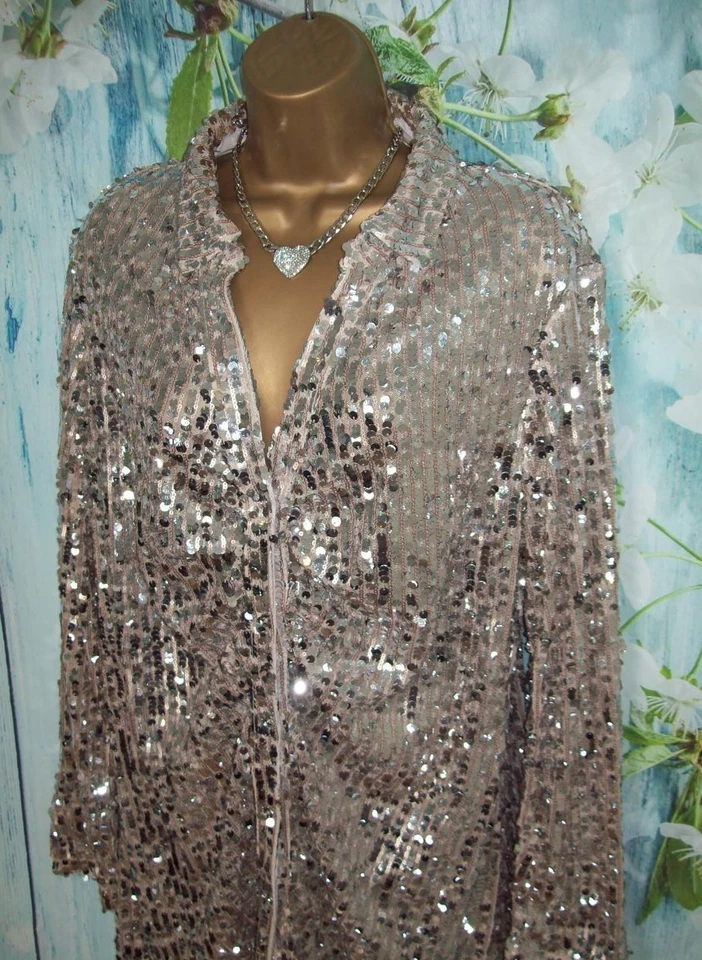 Next Silver Sequin Champagne Blouse Size 22 Button Front Ruched Party Occasion - Image 2 of 4