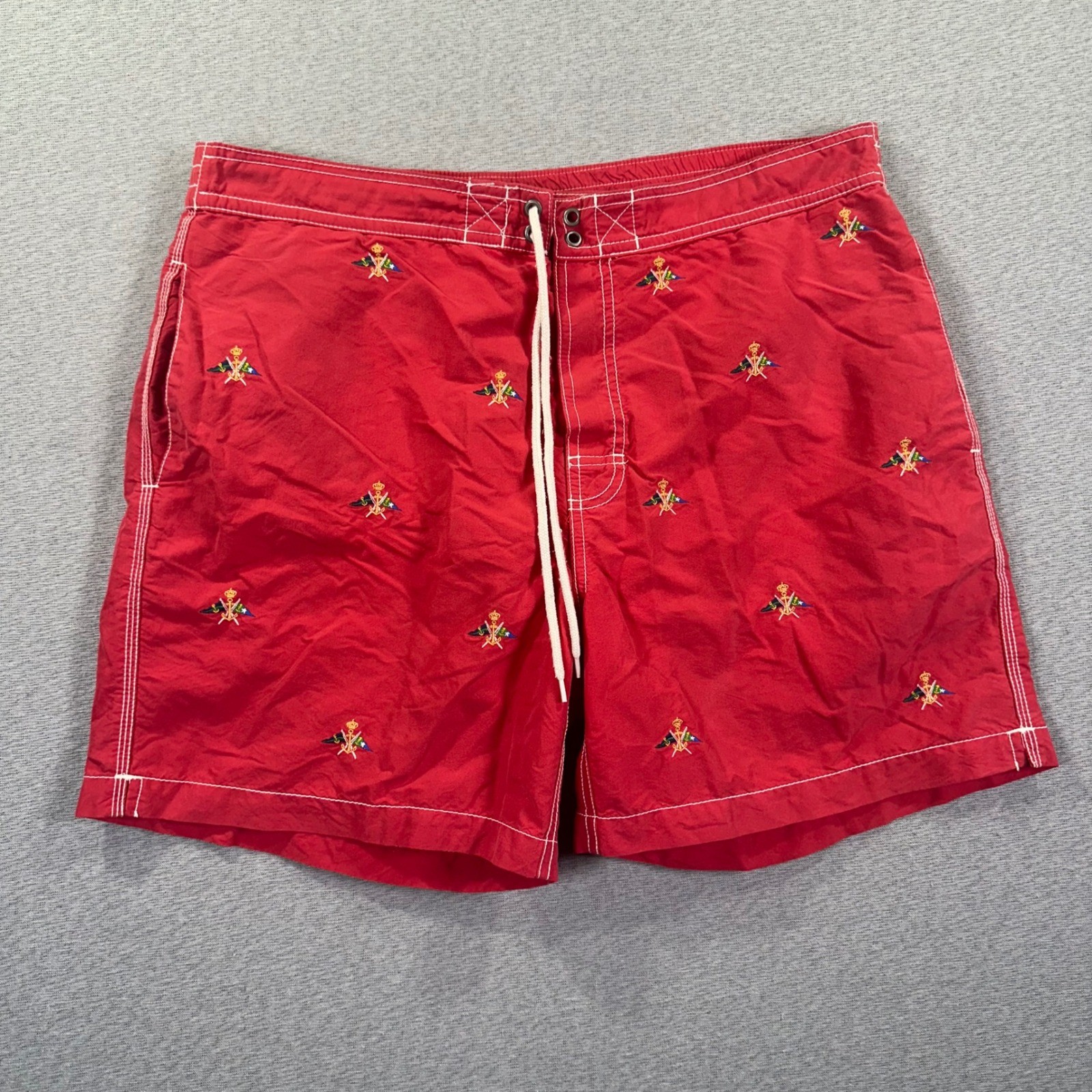 VTG Polo Ralph Lauren Swim Trunks Mens L Red Lined Embroidered Flag Crest AOP