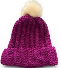 Crochet Ribbed Beanie With Faux Fur Pom Pom - Adult Size Raspberry