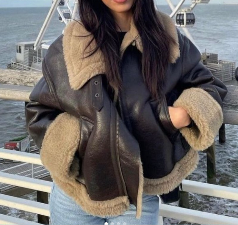 ZARA DOUBLE-FACED BIKER JACKET FAUX LEATHER SHEARLING FUR CUFF