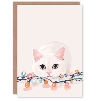 Playful Kitten with Fairy String Lights Cat Lover Festive Xmas Christmas Card