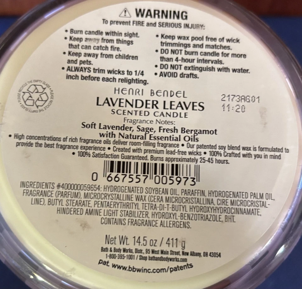 Vela Bath & Body Works HENRI BENDEL "HOJAS DE LAVANDA" 3 mechas 14,5 oz - NUEVA Foto 3 de 3