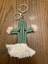 Silver Tone 6 Green Pink Cactus Key Chain Ring