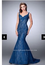 La Femme 23413 Blue Lace Jeweled Mermaid Gown Size 6