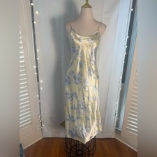Jones New York Yellow Blue Floral Slip Dress Small Satin Midi