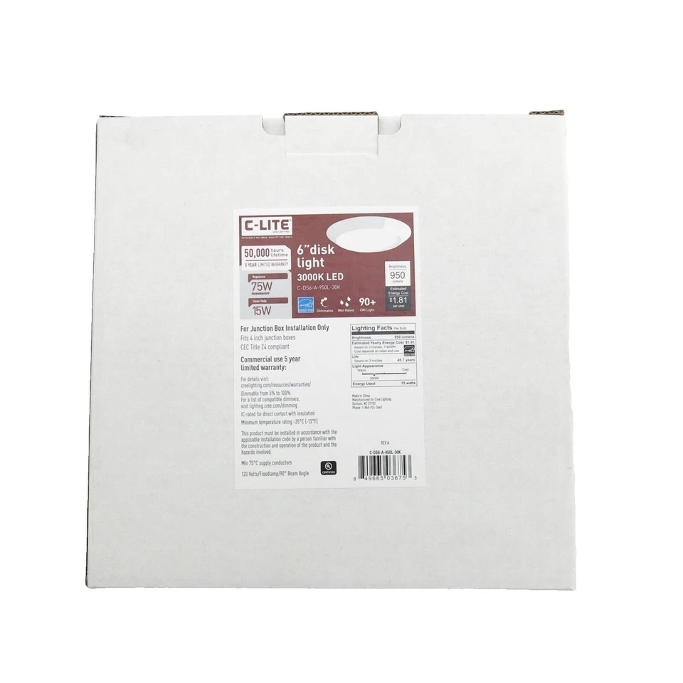 6" LED Disk Light CREE C-DS6-A-950L-30K 950 Lumens Dimmable Damp Rated - Image 4 of 4