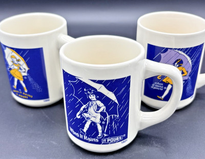 Set of 3 Morton Salt Girl Coffee Mugs 1921 1956 1968 Made in Japan VTG