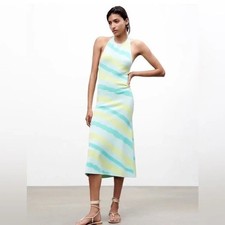 ZARA Knit Halter Maxi Dress Sz S Blue Green Yellow Wavy Stripe Backless