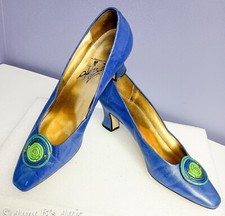 Shoes Ladies Vtg 80's Blue Leather Dressy Pumps 2 14" Heel Unknown Label Size 8