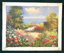  MEDITERRANEAN GARDEN OCEAN VIEW HAND PAINTED 16" OIL PAINTING DECO ART GIFT A78