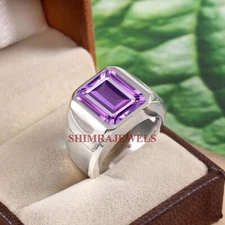Natural Amethyst Gemstone With 14K White Gold Plated Silver Ring For Men's #1240