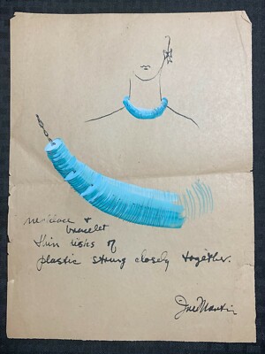 FASHION DRAWING Painted Blue Necklace & Braclet 9x12'' Ink Paint on Paper VG 4.0