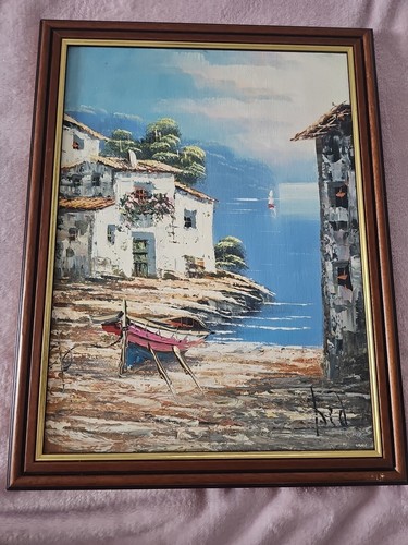 Dipinto ad olio villaggio mediterraneo a bordo incorniciato senza vetro, firmato da artista - Foto 3 di 9