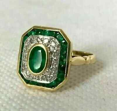 2.Ct Art Deco Style Oval Cut Lab-Created Emerald Engagement 14K Gold Finish Ring