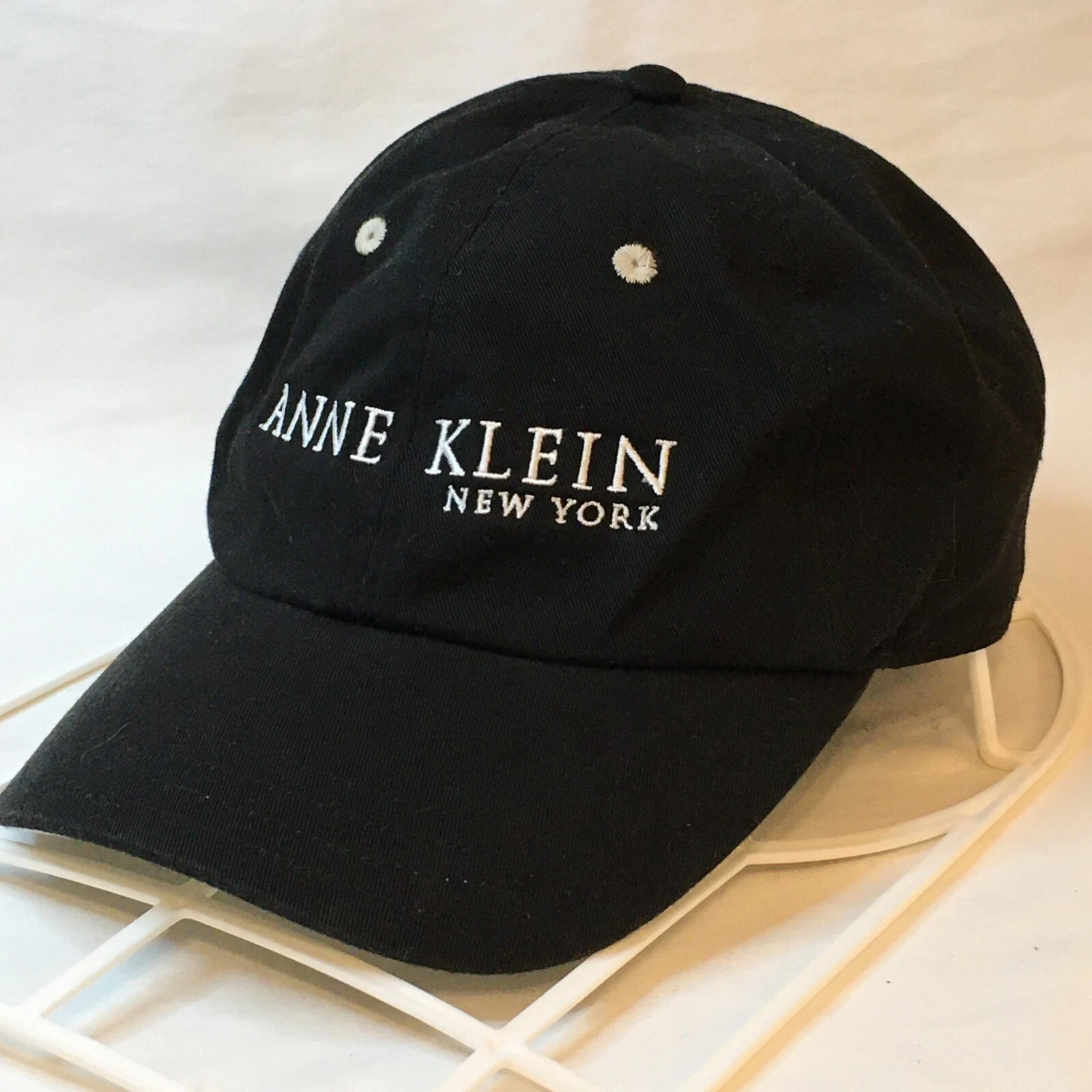 Anne Klein New York Hat Cap Zippered Side Pocket Hook Loop Black White Spell Out