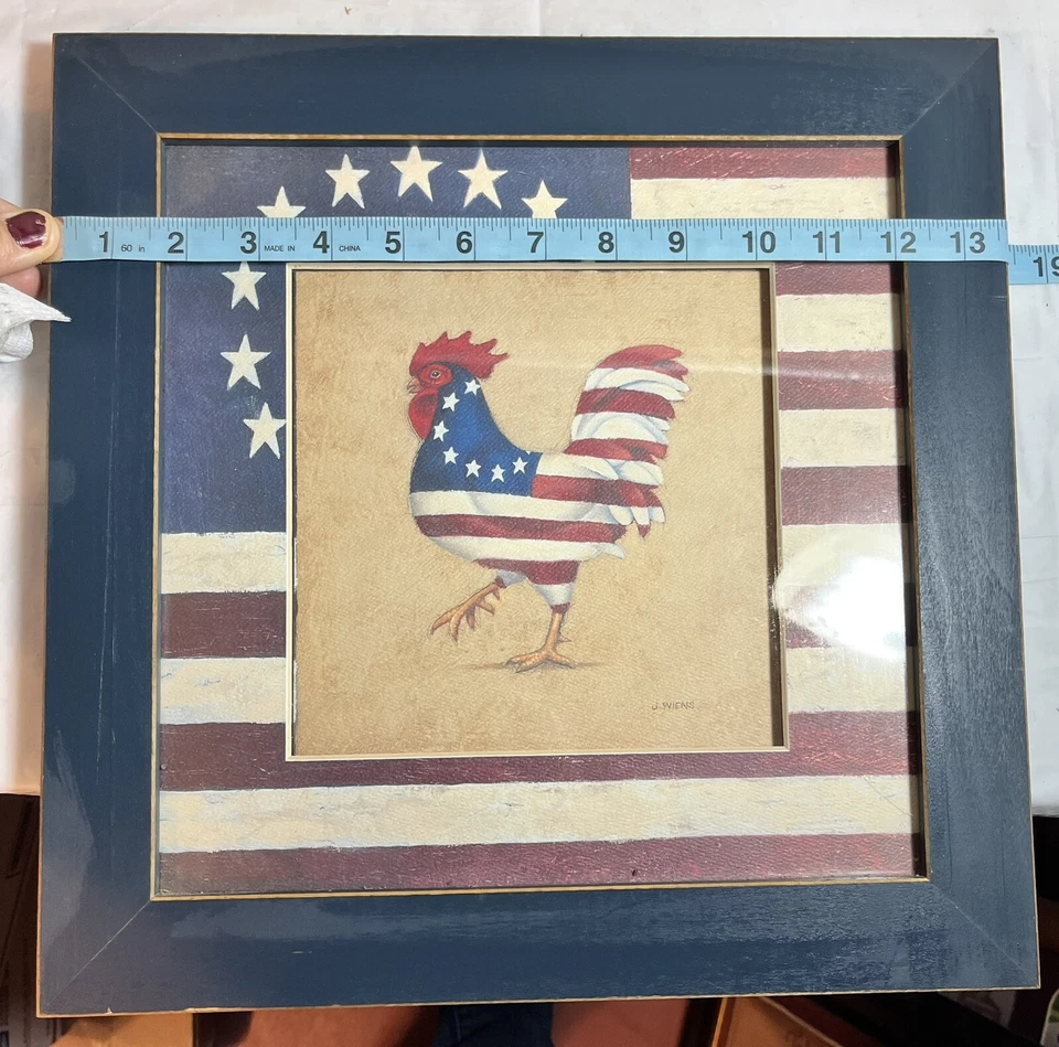 WHIMSICAL ROOSTER PRINT ~ USA FLAG Matted/Framed 13 X 13 Inches - Image 2 of 4
