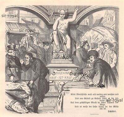 Eyes On - Buy Is Buy - 1889 - Historical Woodblock Print ~13x13cm