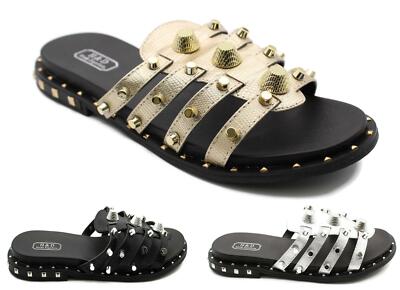DAMEN FLACHE NIETEN FLACHE FORM SLIPPER PANTOLETTEN SANDALEN
