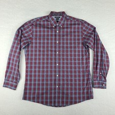 Eddie Bauer Dress Shirt Mens Large Dark Red Blue Plaid Wrinkle Free Button Up