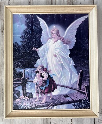 Vintage Art The Guardian Angel by Lindberg in Gold Frame