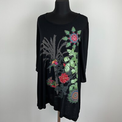 Desigual Blouse Red Flowers Birds Embroidered Tunic  Applique Size S