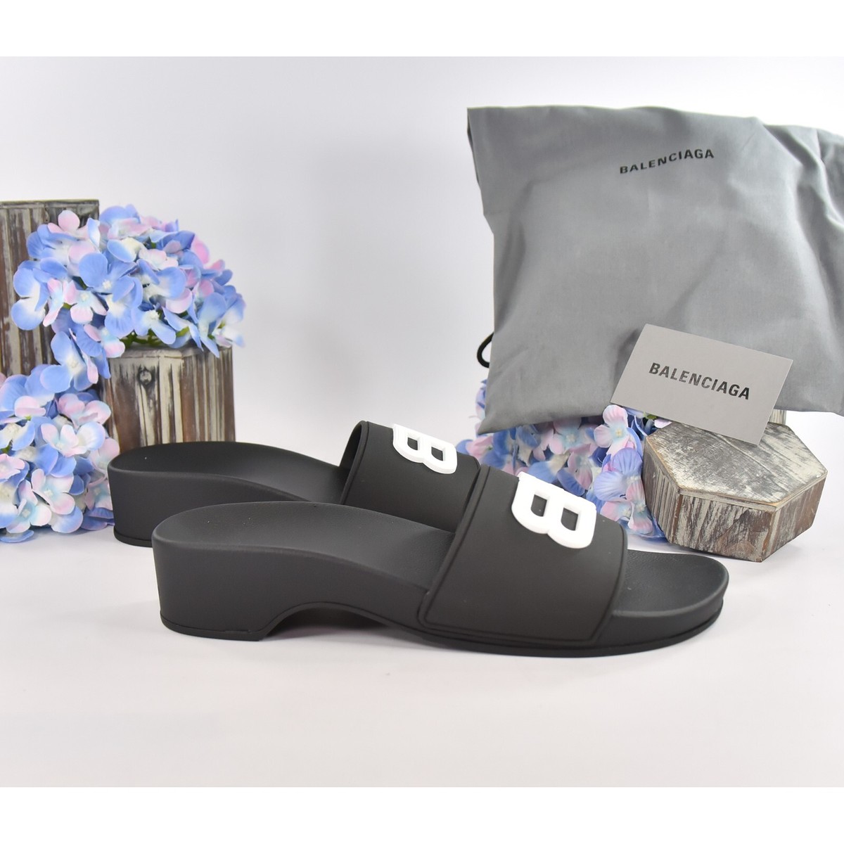 Balenciaga BB Black Rubber Wedge Slide Sandals Size 39 for sale