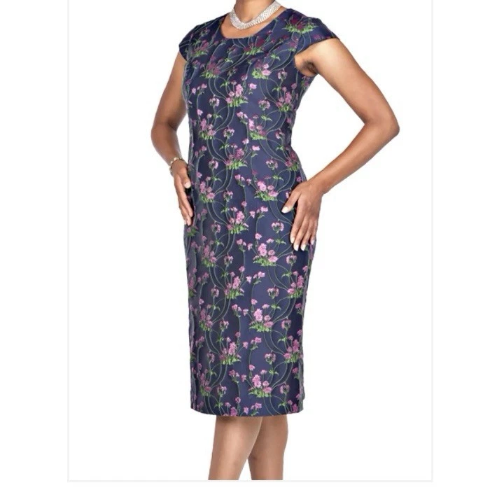 Champagne 2pc Long Jacket & Dress Set W/ Rhinestone Clasp Size  14 Fushia & Navy - Image 2 of 4