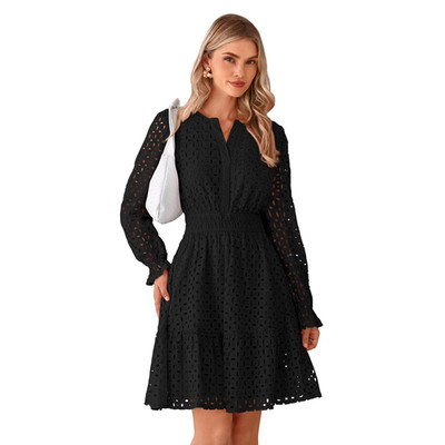 PRETTYGARDEN Women's Long Sleeve Eyelet Mini Dress, Size S, Black, Modern Fit