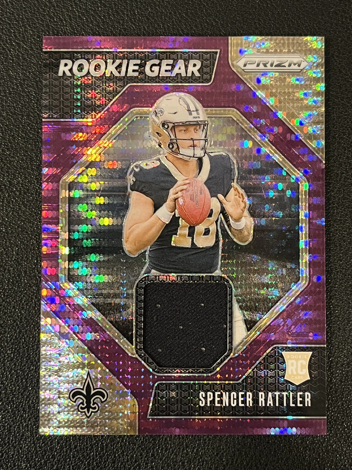 Spencer Rattler 2024 Panini Prizm Rookie Gear Purple Pulsar RG-SRR RC Saints