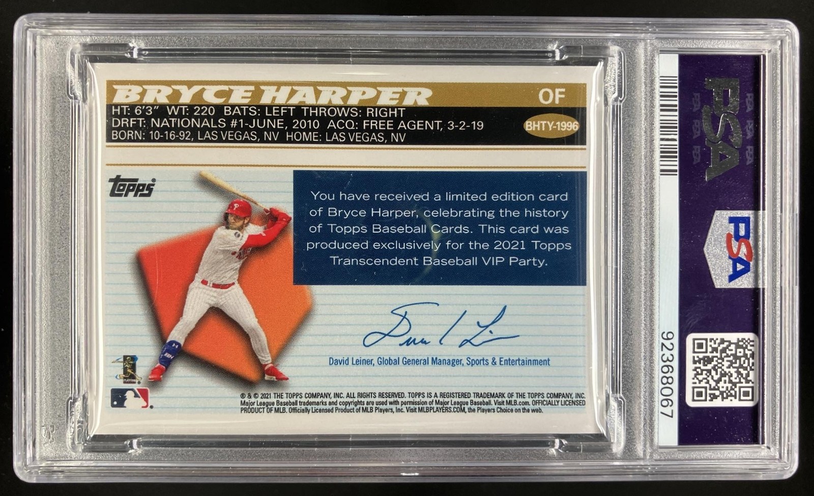2021 Transcendent Collection Bryce Harper VIP Party #1996 /95 PSA 10 view 2