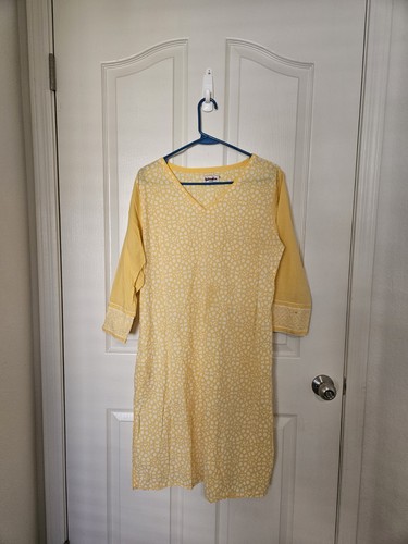 Fabindia Cotton Yellow Printed V-Neck 3/4 Sleeve Kurta Women’s Size XL.
