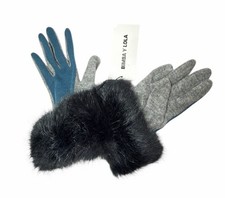 Bimba & Lola Wool Blend Gloves Faux Fur Cuff Blue Gray Size S NEW