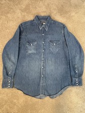 Vintage Wrangler Blue Pearl Snap Denim Western Shirt Mens Large Made In USA