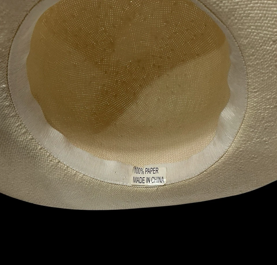 Sombrero para el sol de papel crema de ala ancha con acento de flor de rosa marfil jardín fiesta derby Foto 3 de 4