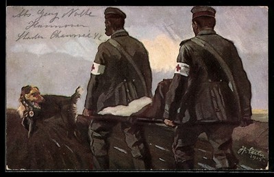 Postcard medical dog showing soldiers with a stretcher the way 