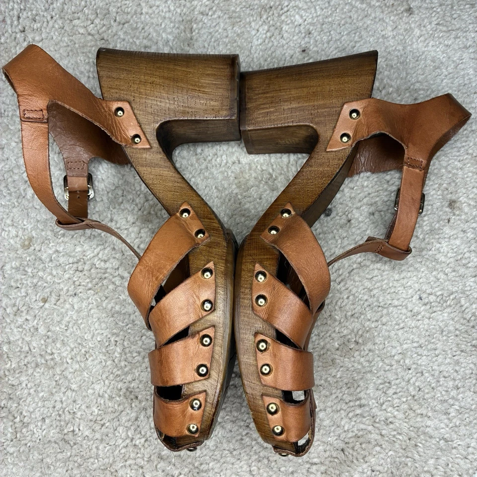 TOPSHOP Sandalia de Cuero Marrón Madera Tacón Zueco Plataforma Punta Cerrada Talla 42 10.5-11 Foto 4 de 4