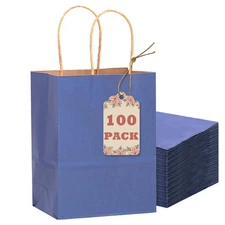 100PCS Gift Bag with Handles Bulk Kraft Deep Blue Paper Bags Multiple Uses (8...