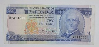 1987 Central Bank of BARBADOS $2 (Two) Dollars Banknote Seria No. H7 314533