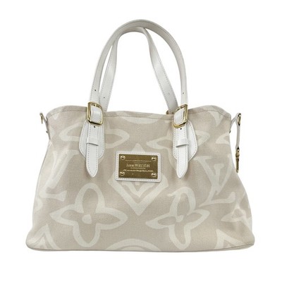 Authentic pre-owned Louis Vuitton beige canvas large tote bag.