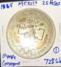 Mexico 1968 25 Pesos .720 Silver Olympic Coin  UNC..  "TONING"