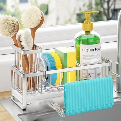Compact Stainless Steel Sink Caddy with Removable Brush Holder for Tidy Kitchens