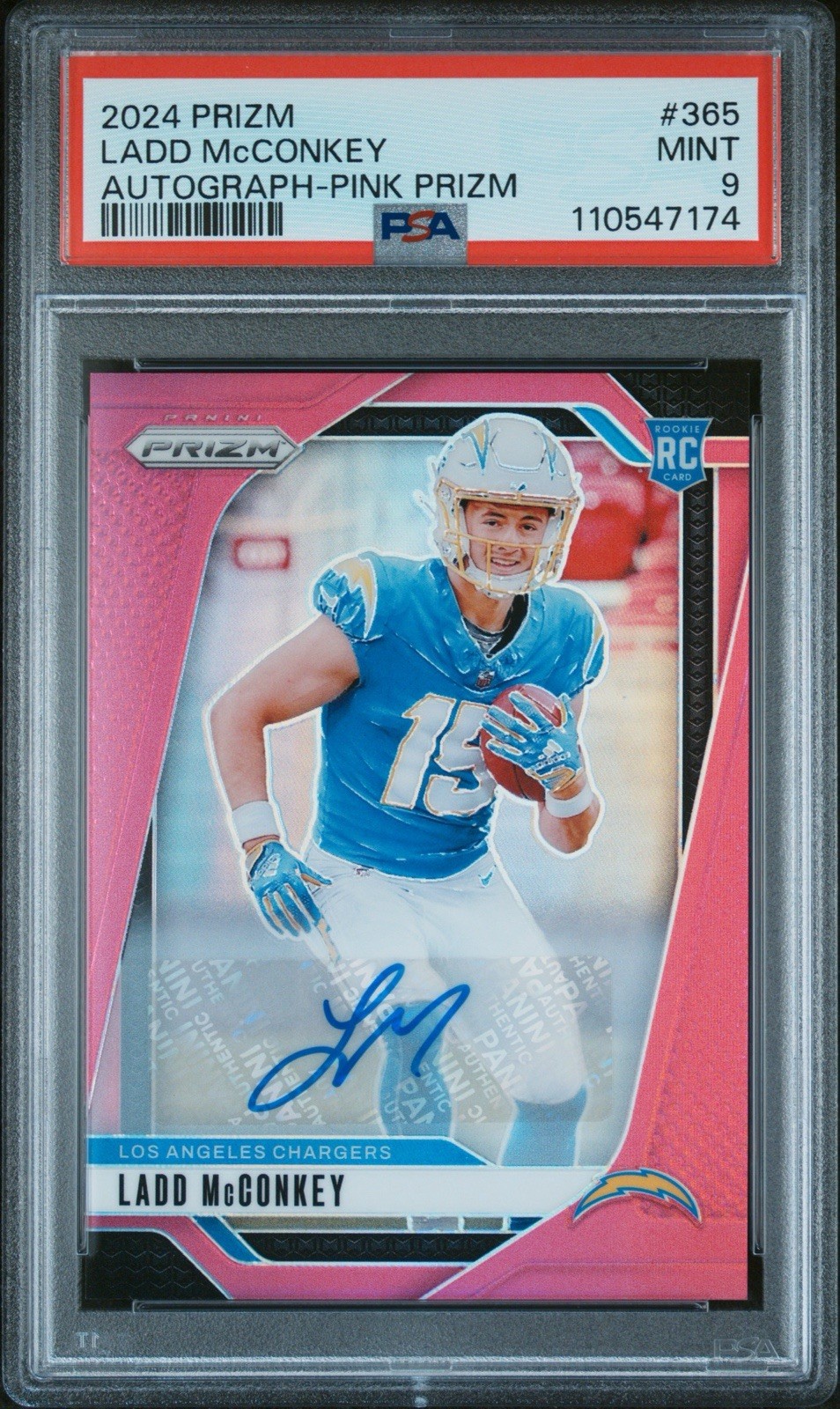 LADD McCONKEY 2024 PRIZM #365 AUTOGRAPH PINK PRIZM RC PSA 9 MT CHARGERS ROOKIE