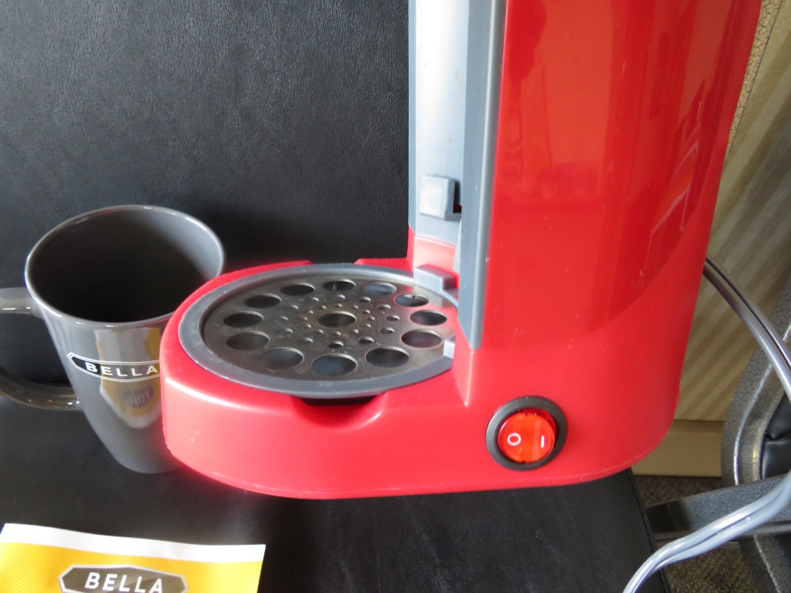 BELLA One Scoop One Cup Coffee Maker, Red and Stainless Steel with mug