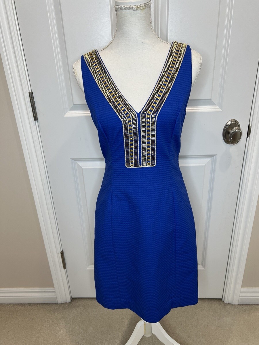 lilly pulitzer blue and gold dress Eliot Resort Beaded Neckline Jumbo Pique Size 4 ASOS DESIGN embellished fringe spectator shoes The fitted silhouette carries Size:36W X 30L