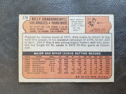 BILLY GRABARKEWITZ 1972 TOPPS BASEBALL CARD # 578 LOS ANGELES DODGERS - Picture 2 of 2