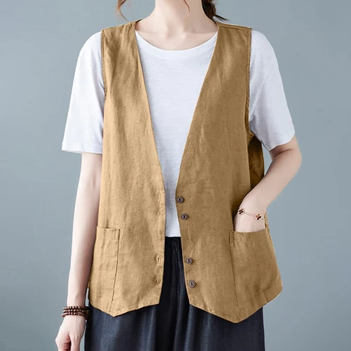 Mujeres Algodón Lino Sin Mangas Chaleco Abrigo Damas Botones Chaleco Informal Camiseta sin Mangas - Imagen 10 de 45