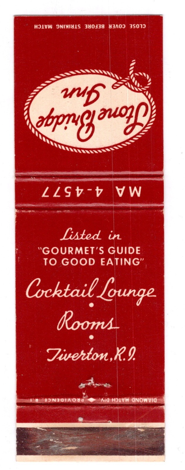 c1940s-50s~Tiverton Rhode Island RI~Stone Bridge Inn~Vintage Matchbook Cover
