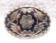 Silver Center Flower Silver Swirl Western Oval Belt Buckle Good Usable Condition