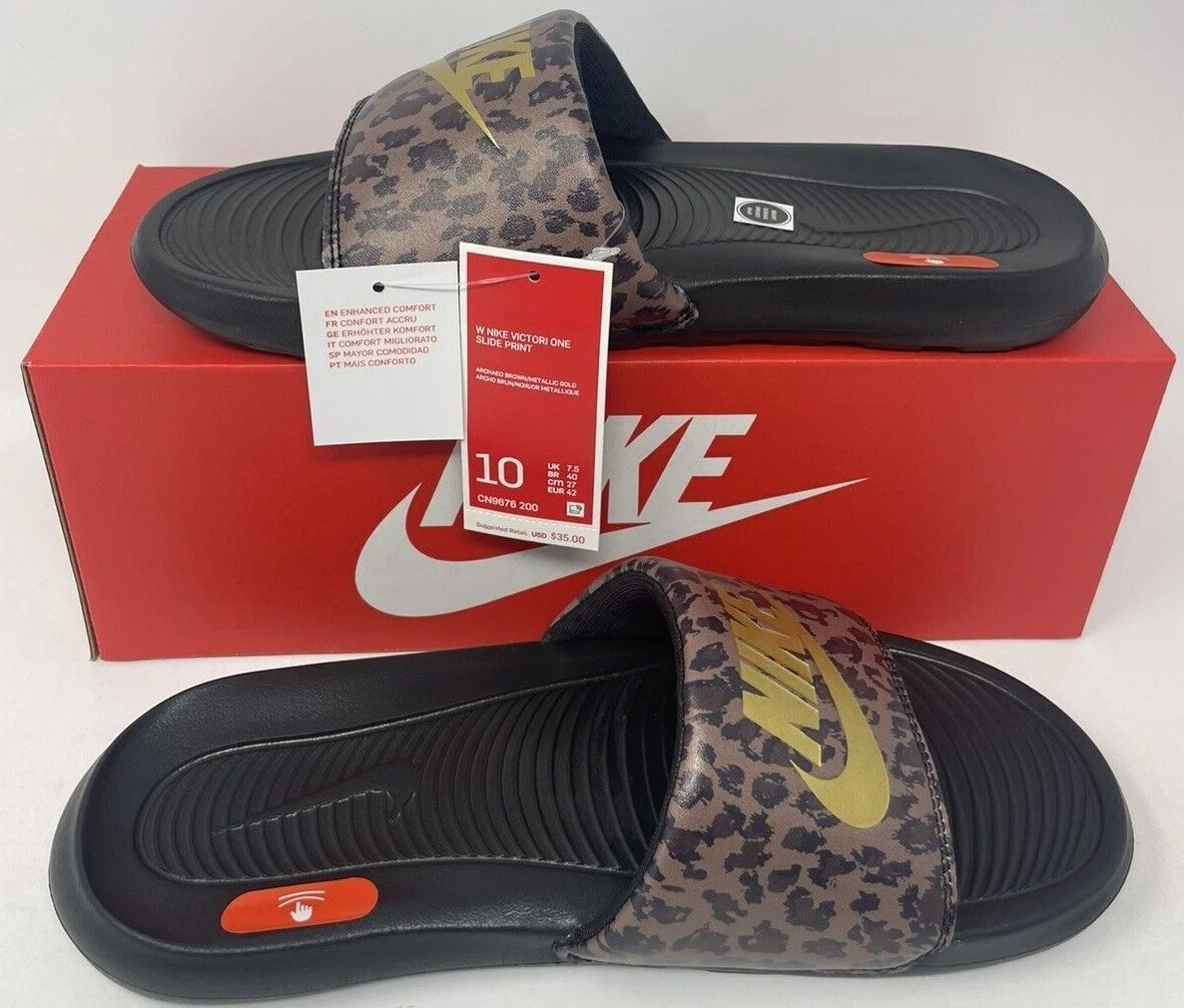 Pantofole donna Nike Victora One stampa ghepardo marrone oro CN9676 200 nuove con etichette