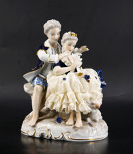 Unterweissbach Tüll Figur Musizierendes Pärchen mit Flöte Porzellanfigur Kobalt
